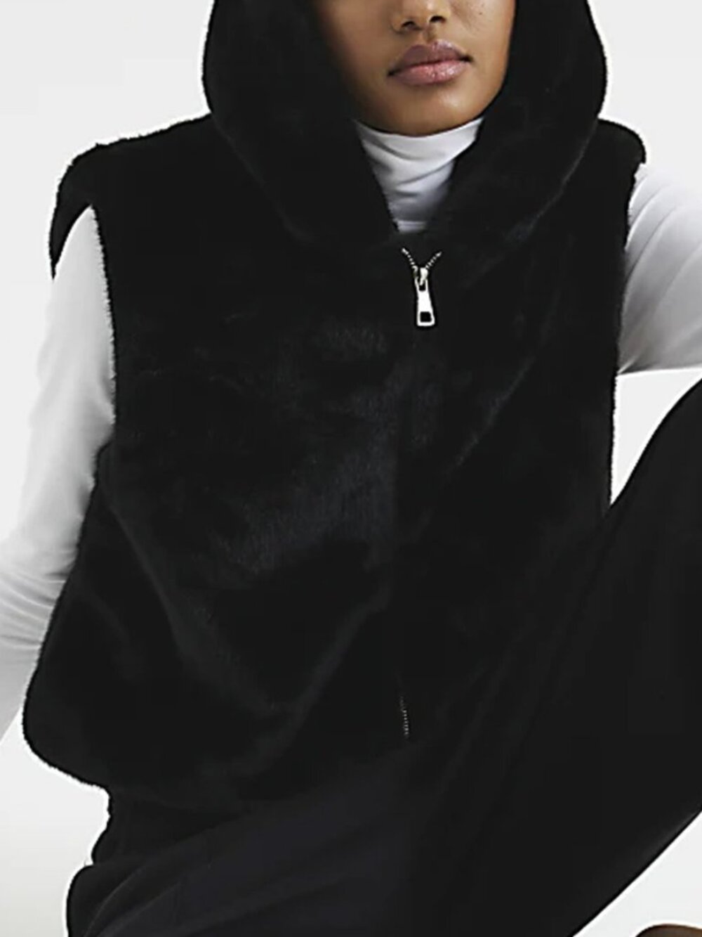 Zara Black Faux Fur Hooded Vest Size S